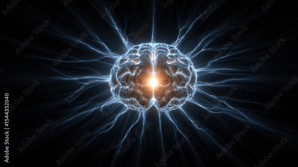 Poster Glowing Brain Center With Radiant Nerve Patterns Spreading Outward Across a Dark Background