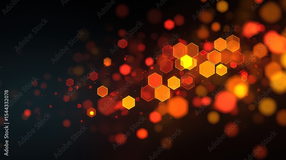 Poster abstract glowing hexagonal shapes in orange and yellow on a dark background, creating a vibrant, dyn