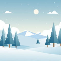 winter landscape with trees in the foreground and hills covered by snow