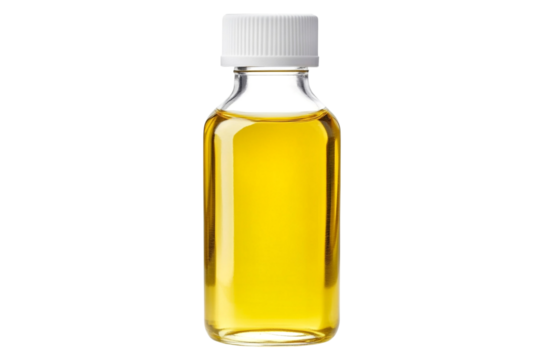 Small glass bottle with yellow liquid isolated on transparent background