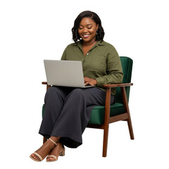 happy smiling curvy african american woman working sitting in chair working on laptop