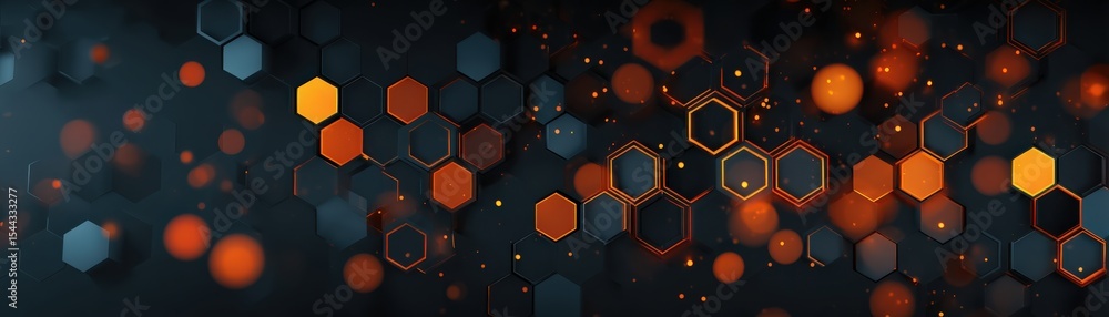 Poster abstract digital art featuring a dark background with glowing hexagonal patterns and orange-yellow h
