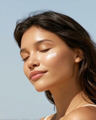 family-friendly sun care A serene young woman with glowing skin enjoys a moment of peace, embracing natural beauty and tranquility outdoors.