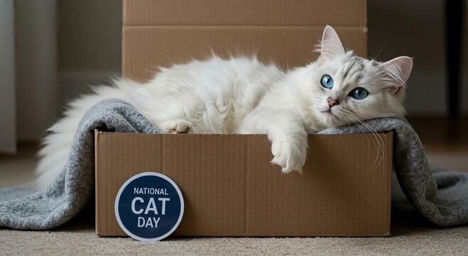 Fluffy feline relaxes in a cozy box, celebrating the joy of companionship and playfulness on National Cat Day
