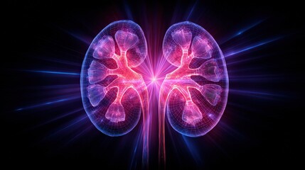 Glowing neon digital illustration of two human kidneys with intricate vascular structures, highlighting their anatomical and physiological features in vibrant colors.