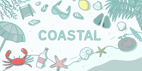 Coastal Themed Illustration with Beach Objects Crab Starfish Palm Tree and the Word Coastal in the Center
