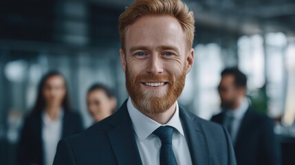 A confident man in a business suit smiles at the camera with colleagues blurred in the background, suggesting a professional environment.