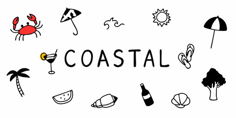 Hand Drawn Coastal Themed Doodle Elements with Crab Palm Tree Cocktail and Seashells on a White Background