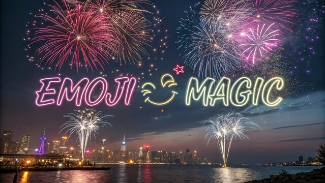 Vibrant Fireworks Display over Cityscape Emoji Magic Night Celebration