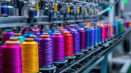 Colorful spools of thread lined up in a textile factory, ready for use in automated sewing or weaving machinery.