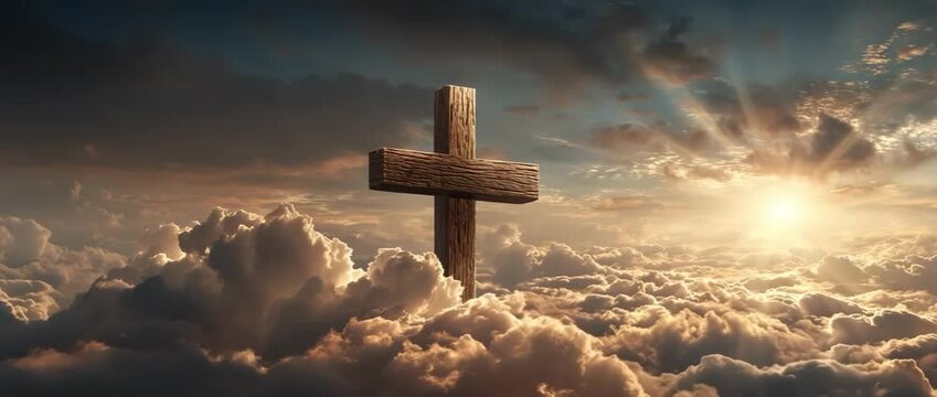 A wooden crucifix in the sky and clouds with the sunshine