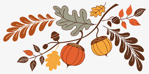 Autumn pumpkin and ripe orange oak leaves with acorns vector illustration for fall harvest decoration