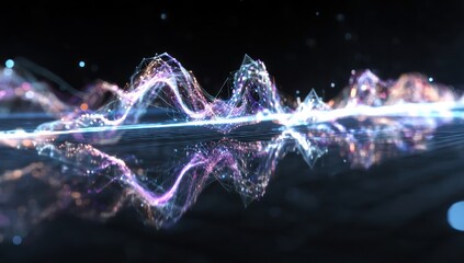 Digital soundwave visuals formed by pulsating data flows in a holographic environment.