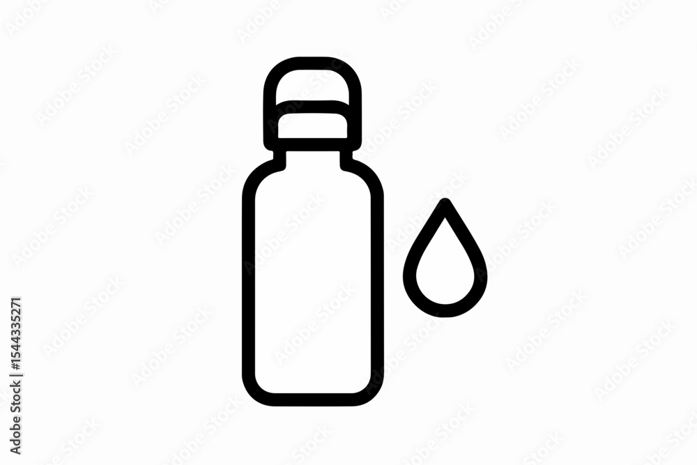Poster minimalist line art depicting a bottle with a lid and a single water droplet on a white background i