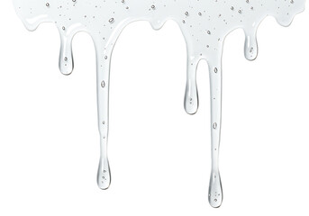 Transparent liquid gel dripping down against a black background with subtle bubbles
