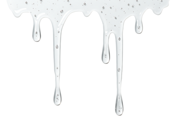 Transparent liquid gel dripping down against a black background with subtle bubbles