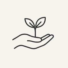 Minimalist Line Art Illustration Hand Holding a Sprout with Two Leaves Representing Growth Sustainability and Environmental Awareness on a Light Beige Background for Eco Friendly