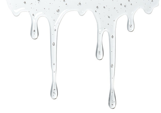 Transparent liquid gel dripping down against a black background with subtle bubbles