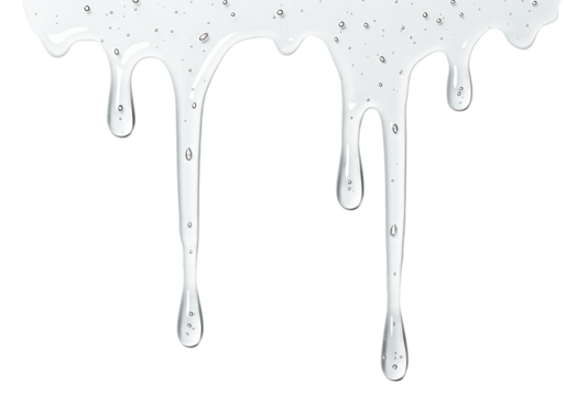 Transparent liquid gel dripping down against a black background with subtle bubbles