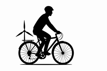 Silhouette of a cyclist wearing a helmet riding a bicycle with a small wind turbine attached to the back rack promoting green energy and sustainable