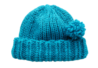 Handmade teal blue winter beanie hat with pom pom, On Transparent Background, Png Image