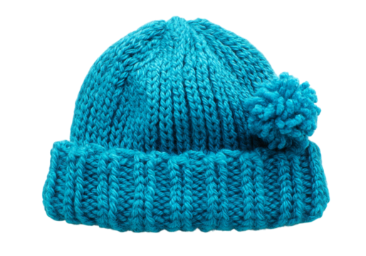 Handmade teal blue winter beanie hat with pom pom, On Transparent Background, Png Image