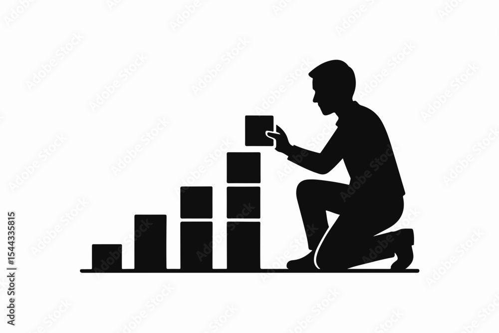 Poster silhouette of a man kneeling and building a rising bar graph with blocks representing growth progres