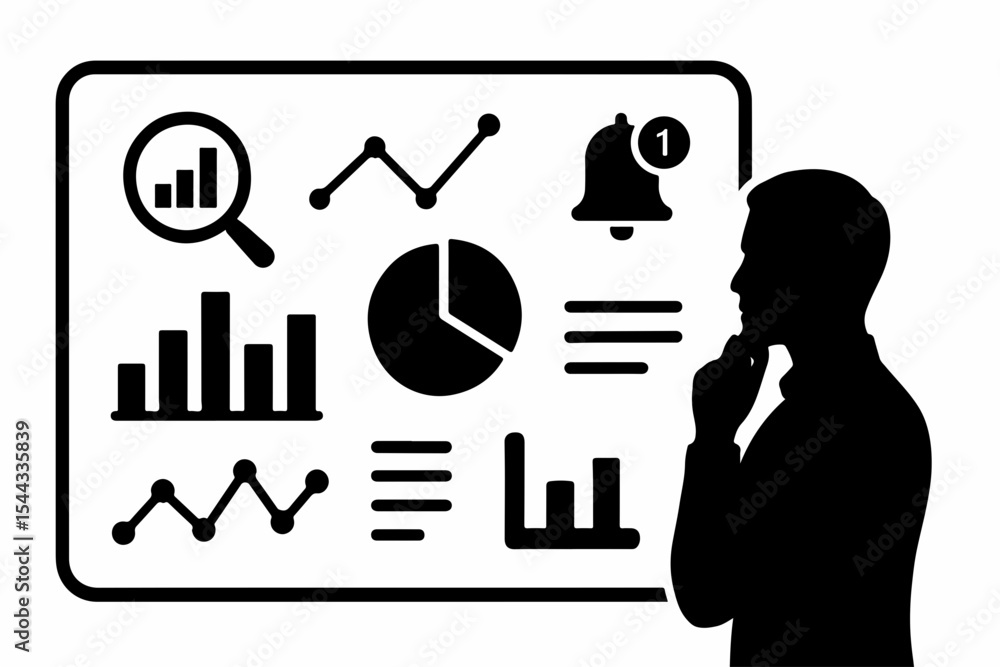 Poster silhouette of a man analyzing data on a screen with charts graphs and a notification bell representi