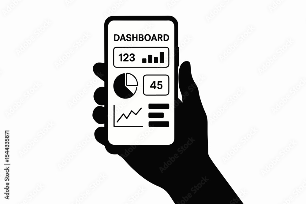 Poster black silhouette hand holding a smartphone displaying a dashboard with charts numbers and a menu ico