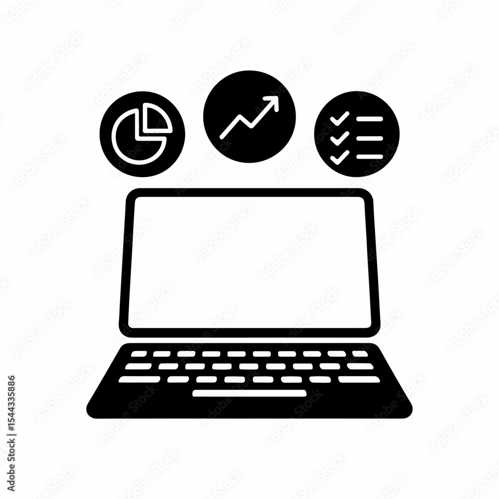 Poster laptop with business analytics and task management icons representing data analysis productivity and