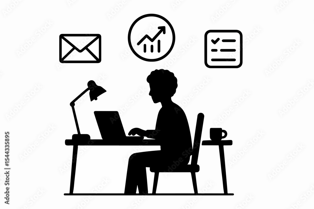 Poster silhouette of a person working at a desk with a laptop lamp and coffee with icons representing email