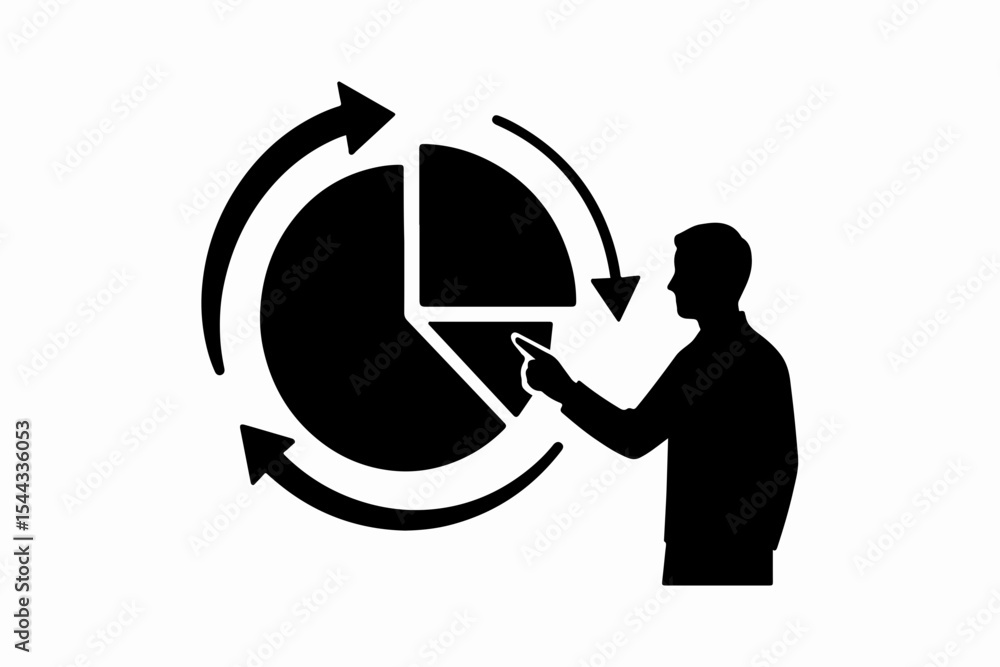 Poster black silhouette of a man pointing at a pie chart with arrows representing business analysis data in