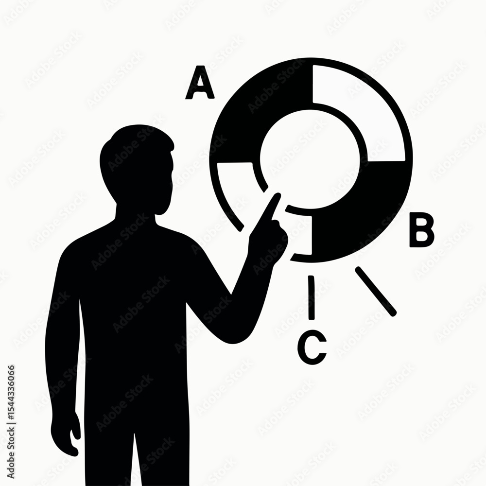 Poster silhouette of a presenter explaining a donut chart with sections labeled a b and c illustrating data