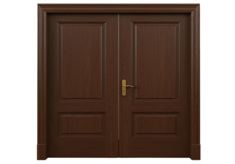 Elegant wooden double door with detailed paneling and decorative gold hardware