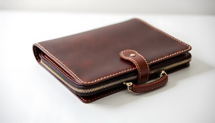 Edle braune Ledermappe mit Verschluss auf weißem Hintergrund
