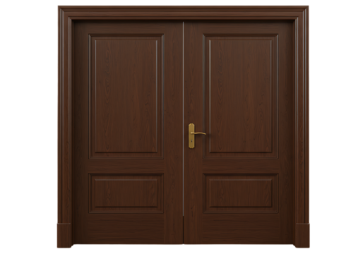 Elegant wooden double door with detailed paneling and decorative gold hardware