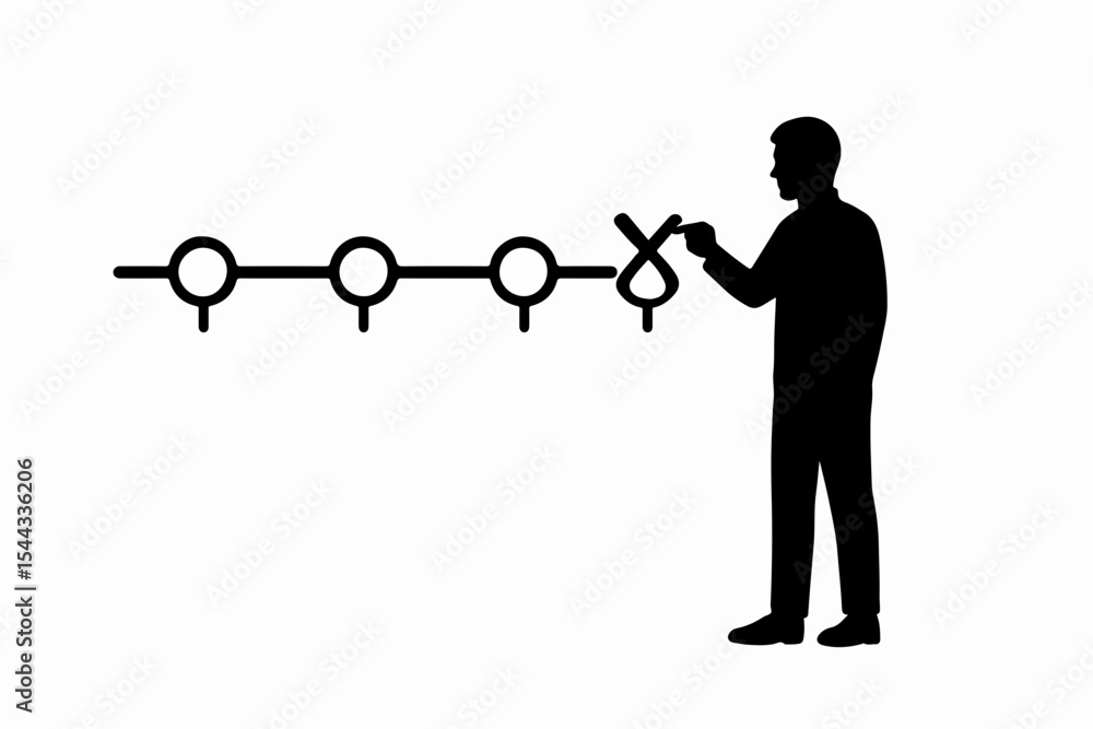 Poster silhouette of a man pointing at a knot on a line with regularly spaced circles possibly representing