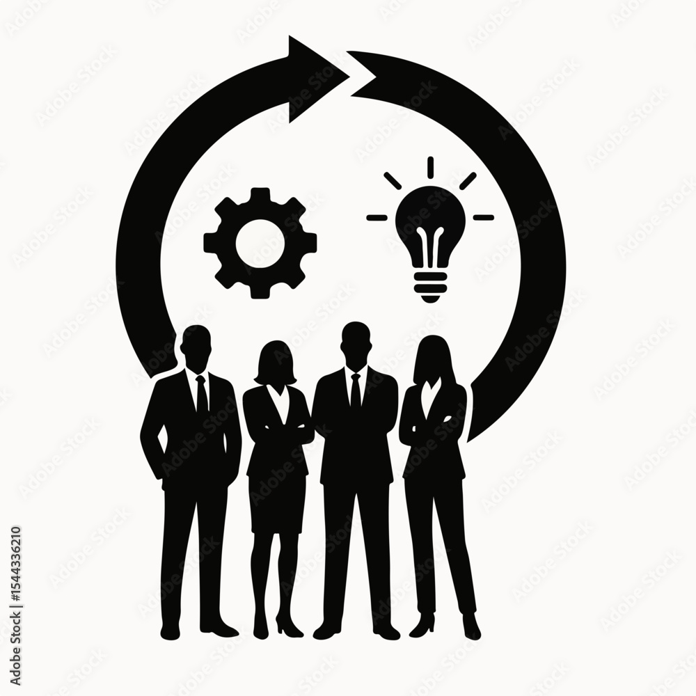 Poster teamwork and innovation cycle a group of business professionals standing under a circular arrow with