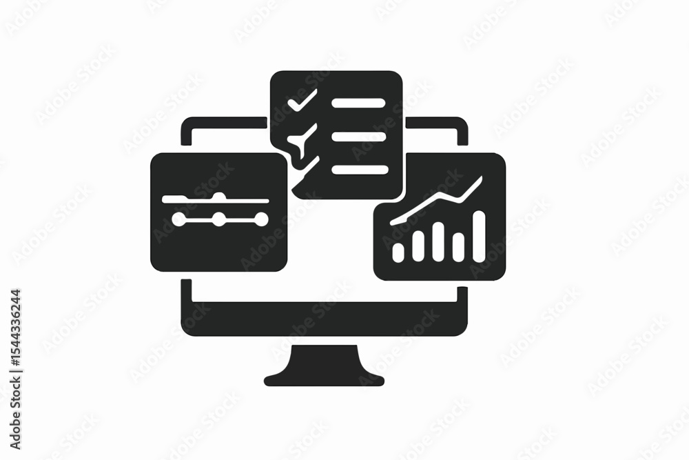 Poster Data Analysis and Reporting on Computer Screen Displaying Charts Graphs and Checklists for Business Intelligence and Performance Tracking with a Clean and Modern Black and