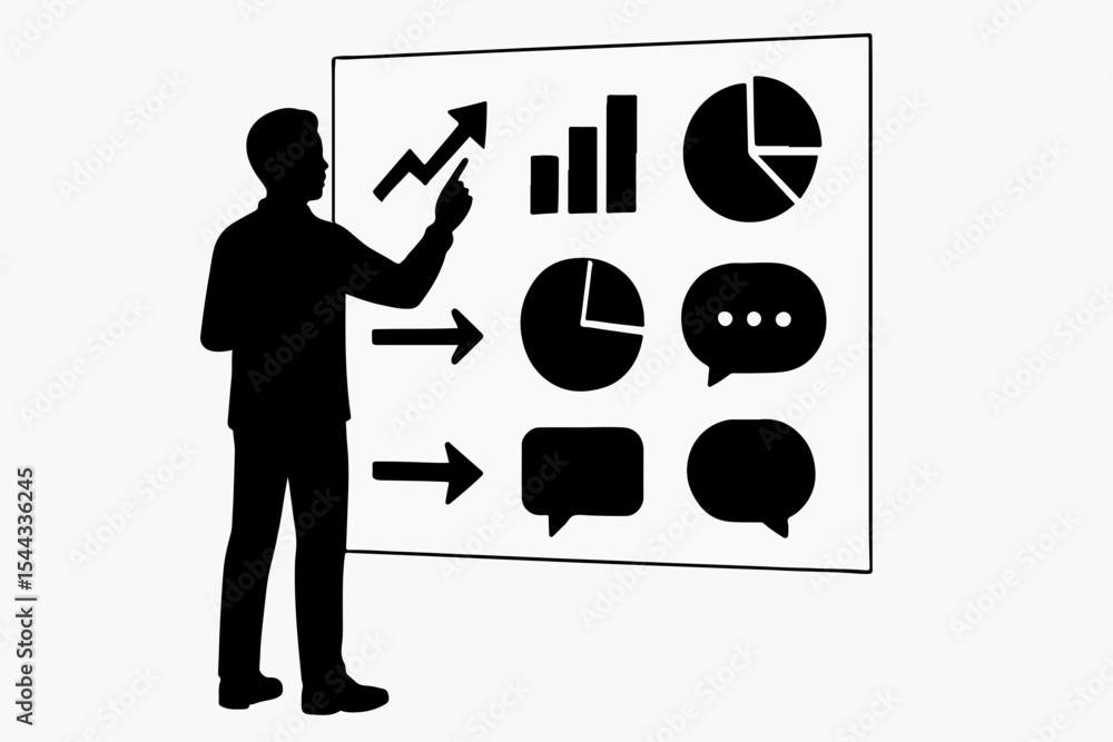 Poster silhouette of a presenter pointing to charts and graphs on a presentation board including bar graphs