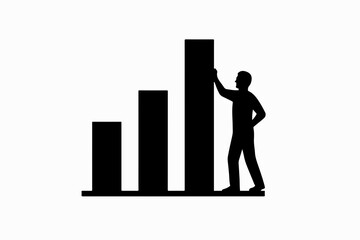 Stylized Illustration of a Business Professional Supporting a Growing Bar Graph Representing Success Progress and Positive Business Trends in a Clean Minimalist Design silhouette