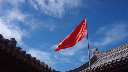 Flag waving in front of a traditional architectural backdrop and blue sky