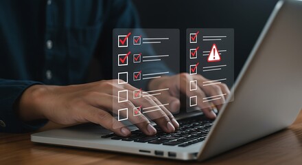 Man checking progress on digital checklist with errors highlighted on a laptop screen