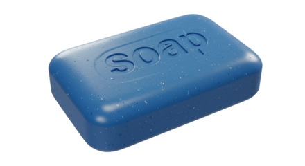 Blue rectangular soap bar with engraved “SOAP” text for hygiene or skincare design, isolated on a transparent background, png, cutout
