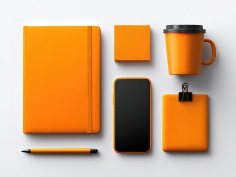 Flat lay of orange office supplies on a white background.