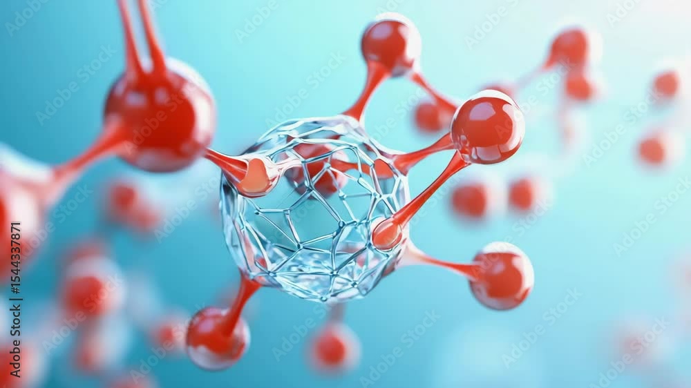 Poster a cluster of red and silver molecules connected in a network, representing molecular or atomic struc