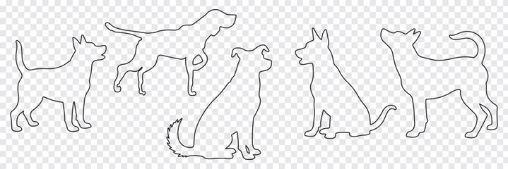 Obraz premium Set of silhouettes of dogs of different breeds in different poses. Set of pet silhouettes. Vector illustration. veterinary, Dog show, pet store, Isolated on white background. Variety dog silhouettes.