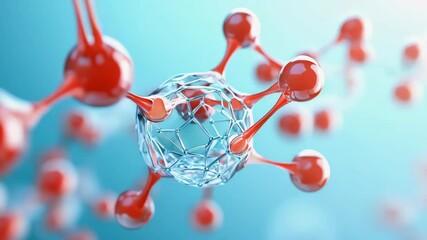 A cluster of red and silver molecules connected in a network, representing molecular or atomic structure on a blue background. - Powered by Adobe