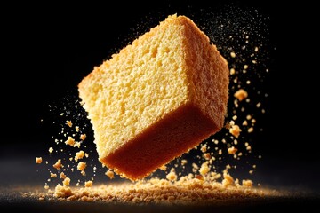 A piece of cake falling apart in the air.