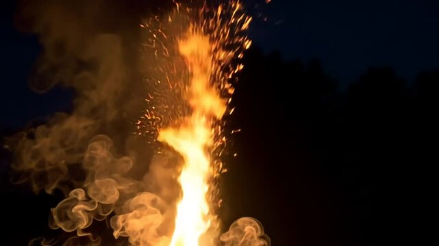 Ember Sparks Flying from Intense Flames Rising Against A Dark Forest Background Illuminating the Night